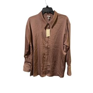 NWT A New Day Size 2X Brown Satin Button Up Shirt Long Sleeve Collared